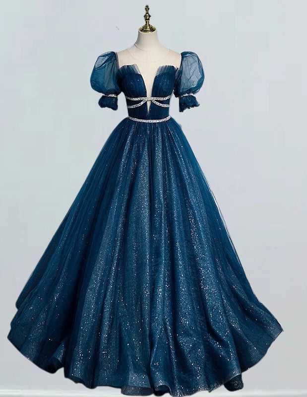 Indigo Blue Tulle Ball Gown Bridal Dress | Scoop Neck, Sparkle, Elegant Evening Wear
