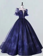 Navy Tulle Beaded Ball Gown with Sleeves - Elegant Prom & Evening Dress