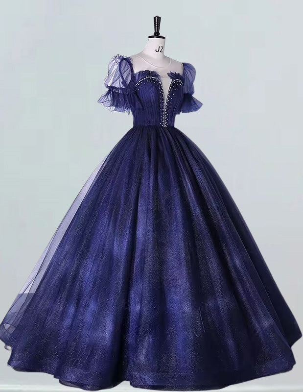 Navy Tulle Beaded Ball Gown with Sleeves - Elegant Prom & Evening Dress