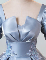 Women's Elegant Blue Lace Applique Prom Dress with Pockets & Short Sleeves