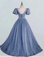 Grey blue scoop beading lace long tull ball gown prom dress