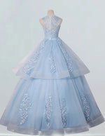 Women's Blue Tulle Ball Gown | Lace Applique Boat Neck Evening Dress