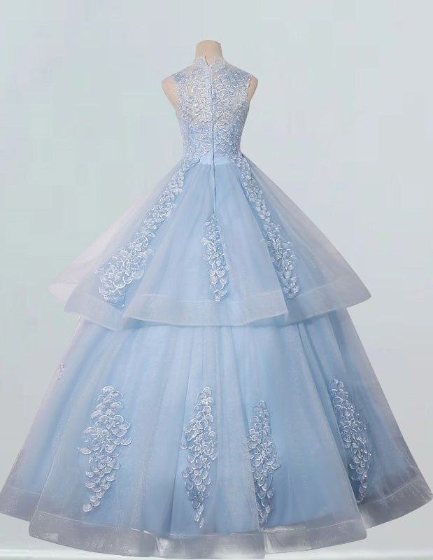 Women's Blue Tulle Ball Gown | Lace Applique Boat Neck Evening Dress