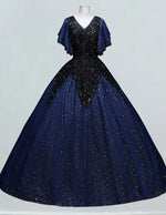 Women's Velvet V-Neck Sparkle Tulle Ball Gown Prom Dress in Dark Navy