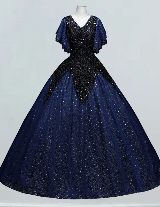 Women's Velvet V-Neck Sparkle Tulle Ball Gown Prom Dress in Dark Navy