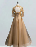 Elegant Gold Tulle Beaded Prom Dress | Square Collar Evening Gown