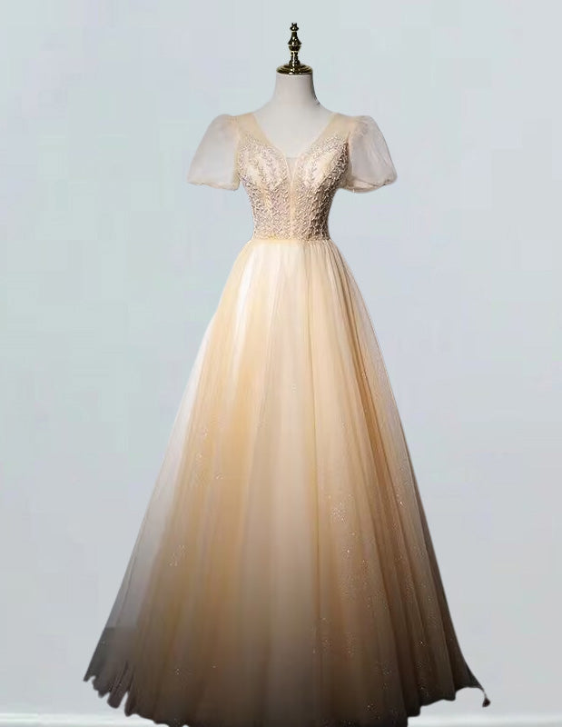 Women's Elegant Beaded V-Neck Evening Gown | Short Sleeves, Formal Prom Dress