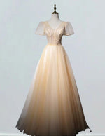 Women's Elegant Beaded V-Neck Evening Gown | Short Sleeves, Formal Prom Dress