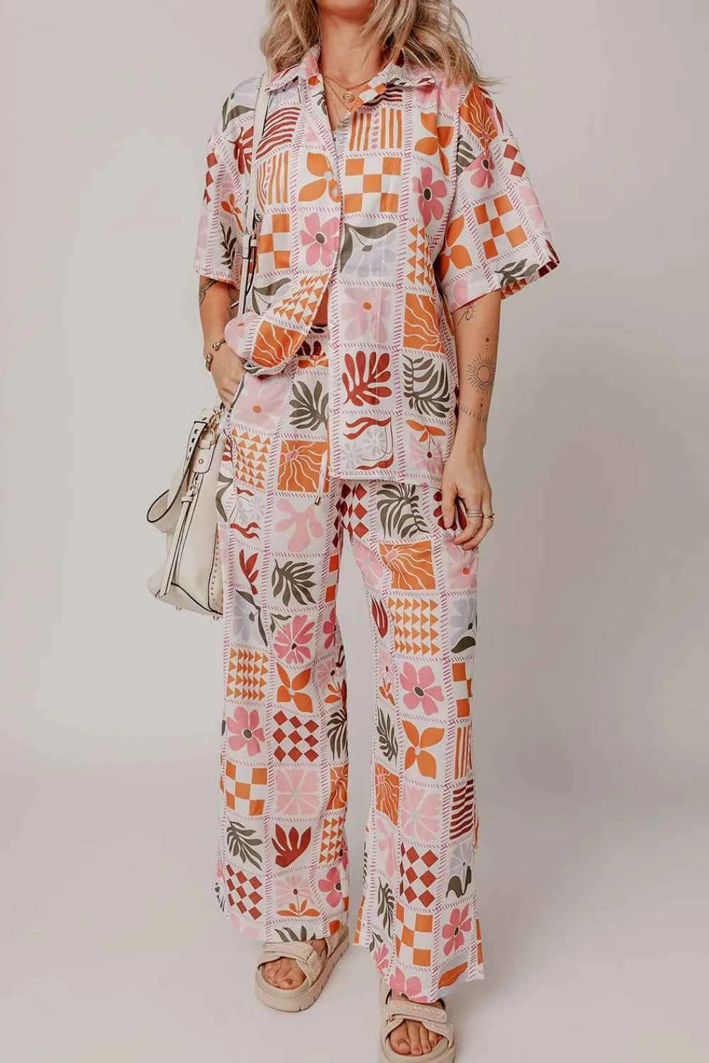 Printed Collared Neck Shirt and Wide Leg Pants Set - By Baano