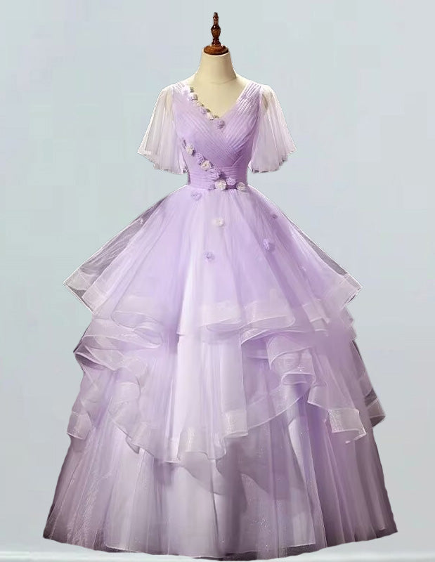 Elegant Lavender V-Neck Prom Dress | Pleated Floral Evening Gown for Girls
