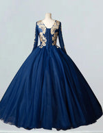 Navy long sleeve bride gown plus size wedding dress gown dark blue princess prom dress ball gown