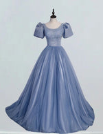 Grey blue scoop beading lace long tull ball gown prom dress