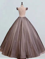 Black and champagne scoop lace applique long tulle ball gown prom dress