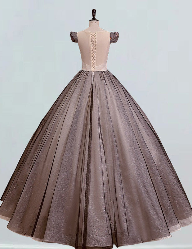 Black and champagne scoop lace applique long tulle ball gown prom dress