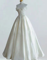 Elegant Ivory Satin Bridal Gown | Off-Shoulder Pleated Evening Dress