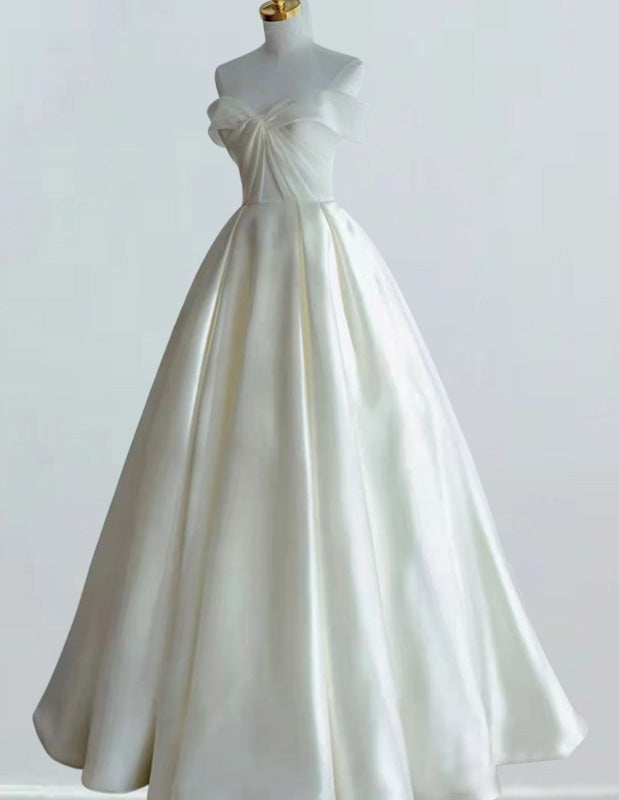 Elegant Ivory Satin Bridal Gown | Off-Shoulder Pleated Evening Dress
