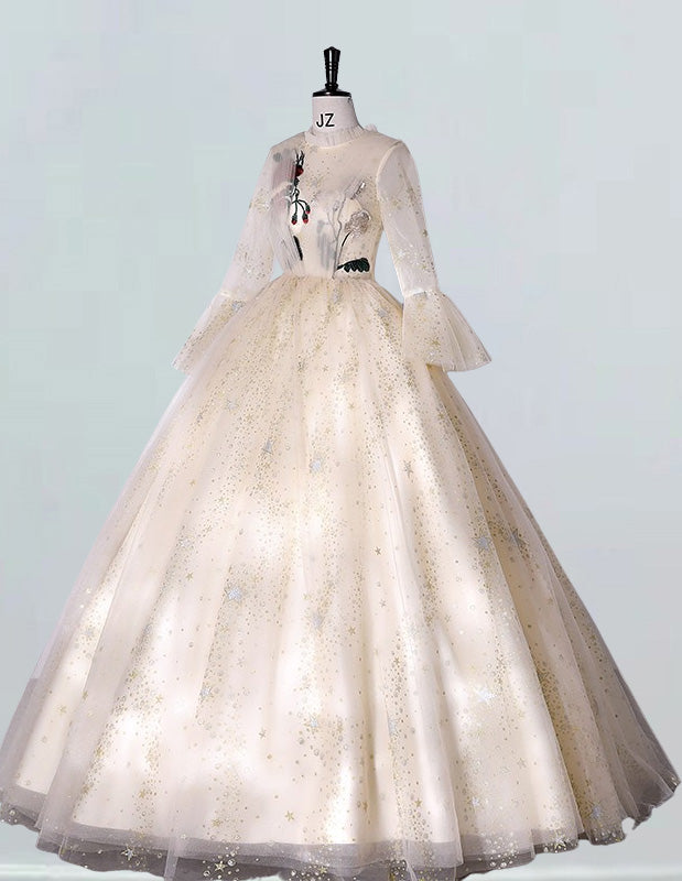 Champagne high collar pleated long tulle ball gown bridal wedding dress