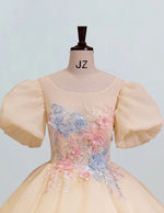 Women's Lace Applique Puff Sleeve Prom Gown | Scoop Neck Evening Dress