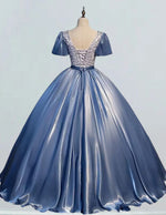 Women's Elegant Blue Satin Sequin V-Neck Prom Dress | Scoop Neck Evening Gown