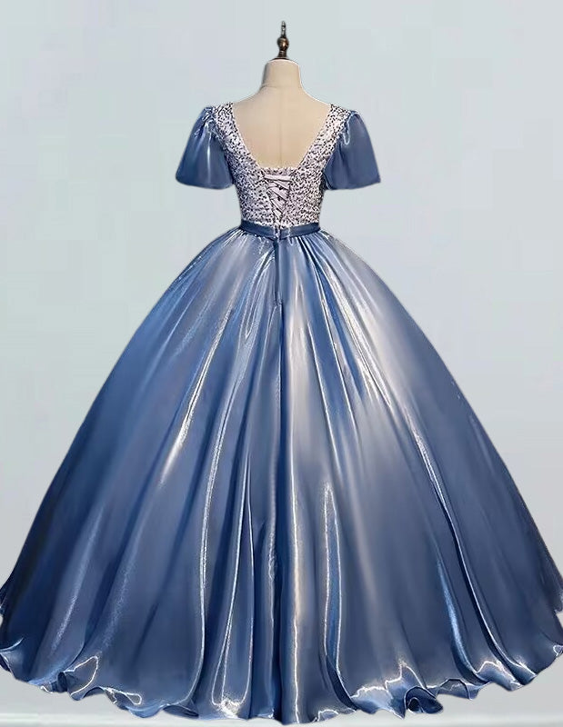 Women's Elegant Blue Satin Sequin V-Neck Prom Dress | Scoop Neck Evening Gown