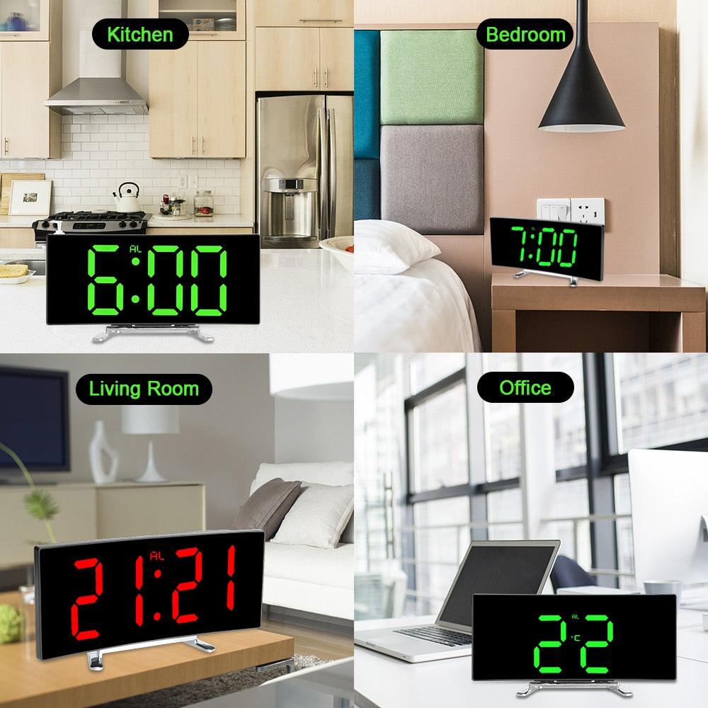 7 Inch LED Digital Desktop Alarm Clock Curved Dimmable Table Clock Table Alarm Clock 7 Inch Curved Dimmable LED Electronic Digital Desktop Clock for Kids Bedroom Large Number Table Clock Mirror Luxury For Kids Bedroom Home Decors Stevvex