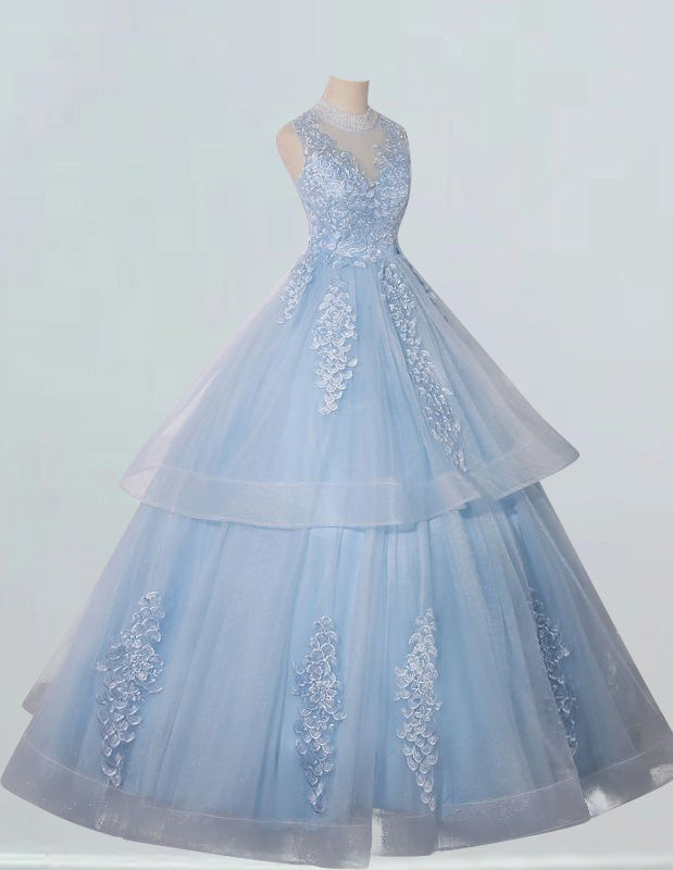 Women's Blue Tulle Ball Gown | Lace Applique Boat Neck Evening Dress