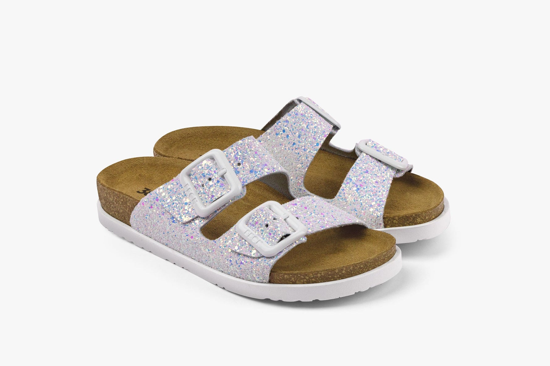 Siena II by LEON– Women’s Leather Sandal- Glitter Double Buckle Slip-on with Cushioned Footbed