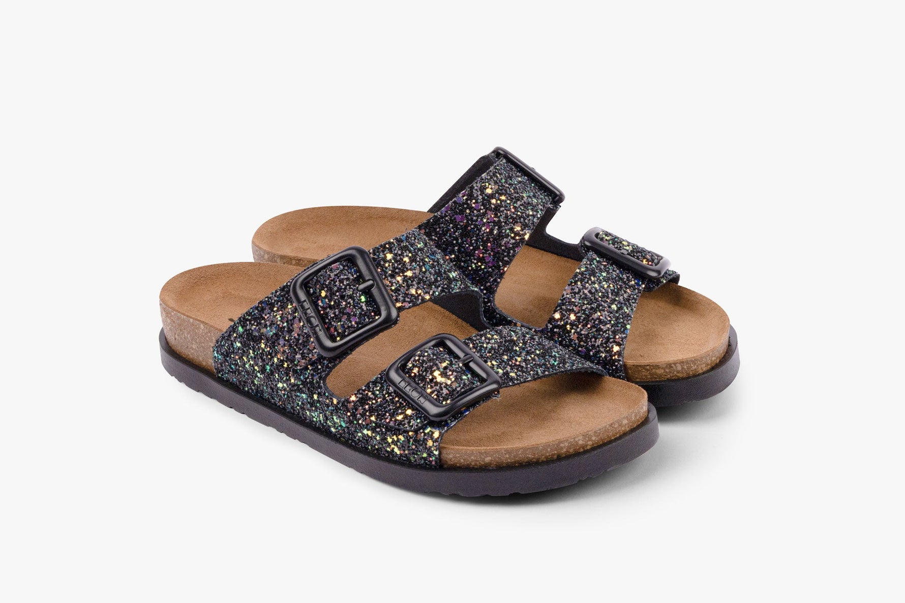 Siena II by LEON– Women’s Leather Sandal- Glitter Double Buckle Slip-on with Cushioned Footbed