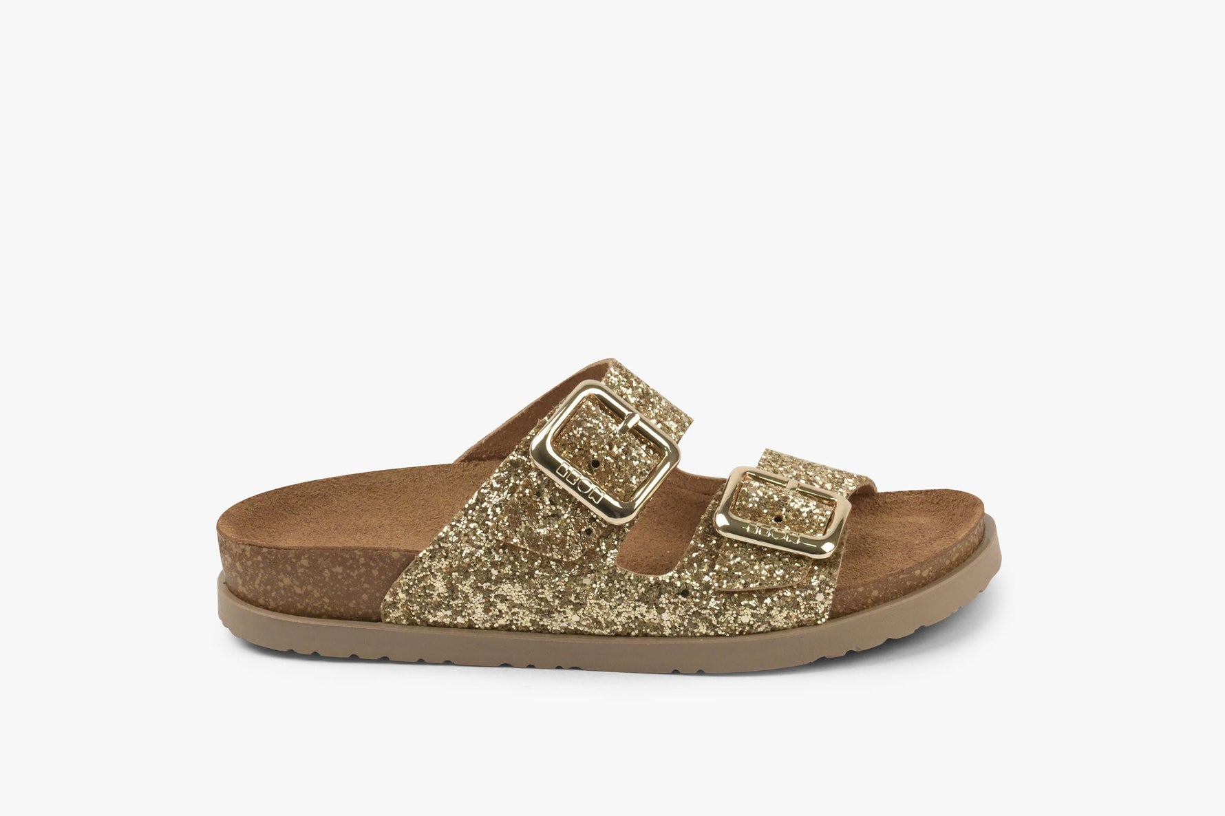 Siena II by LEON– Women’s Leather Sandal- Glitter Double Buckle Slip-on with Cushioned Footbed