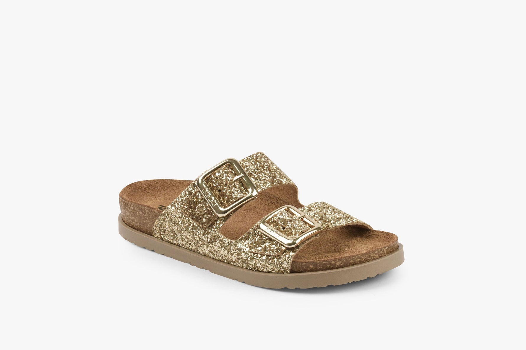 Siena II by LEON– Women’s Leather Sandal- Glitter Double Buckle Slip-on with Cushioned Footbed