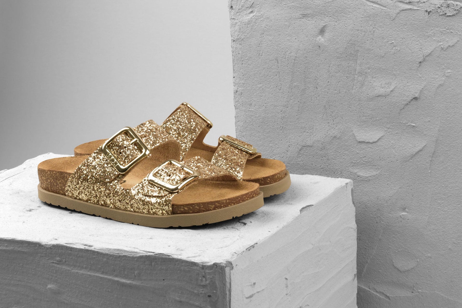 Siena II by LEON– Women’s Leather Sandal- Glitter Double Buckle Slip-on with Cushioned Footbed