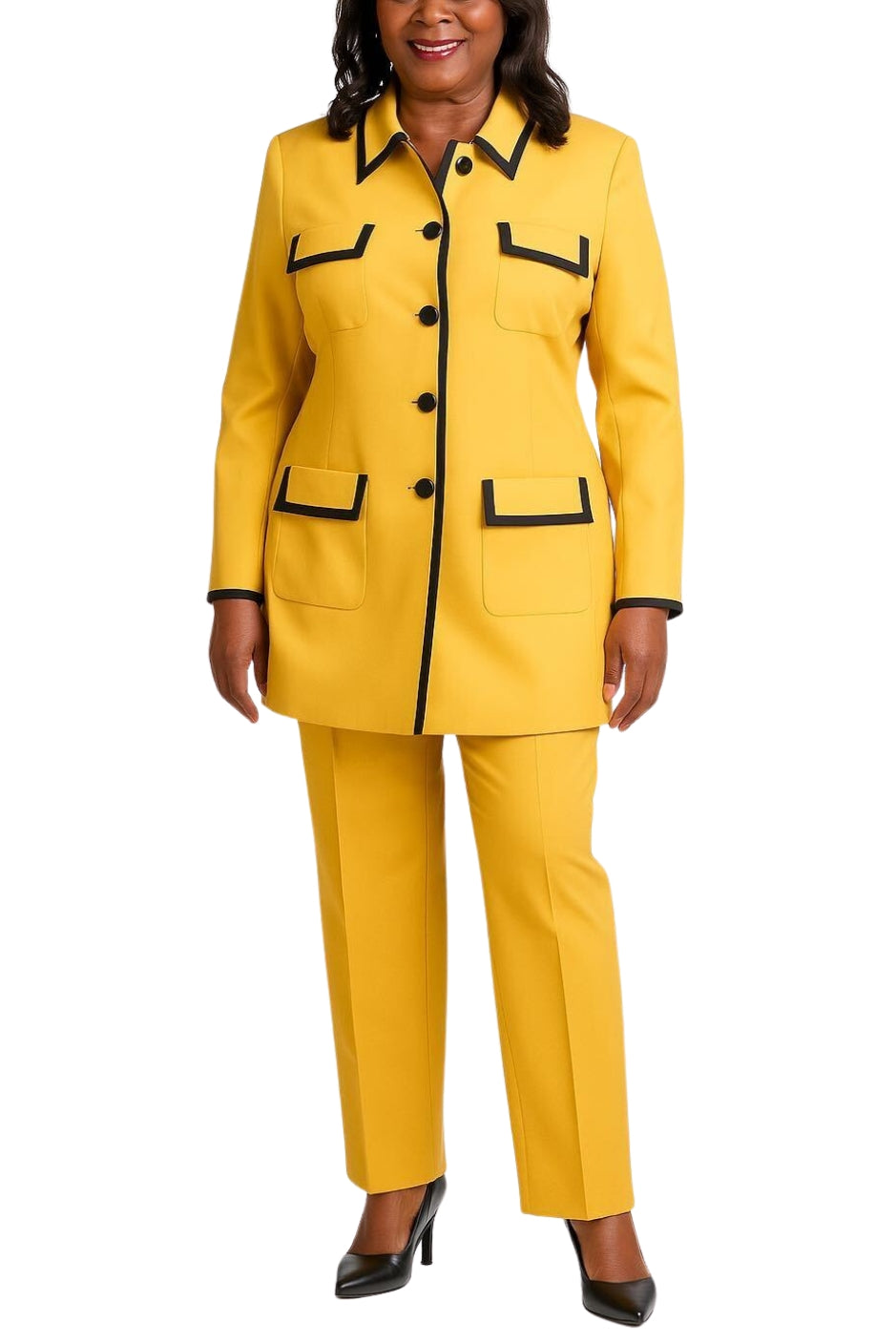 John Meyer Collection Mustard Pointed Contrast Trim Neckline Chest Hip Pockets Long Sleeves Blazer Straight-Leg Trousers Pantsuits