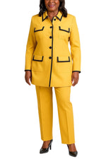 John Meyer Collection Mustard Pointed Contrast Trim Neckline Chest Hip Pockets Long Sleeves Blazer Straight-Leg Trousers Pantsuits