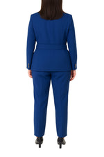 John Meyer Collection Notched Lapel Collar Belted Blazer Suit Straight Slim Trousers Blue Tailored Pantsuits
