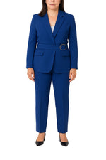 John Meyer Collection Notched Lapel Collar Belted Blazer Suit Straight Slim Trousers Blue Tailored Pantsuits