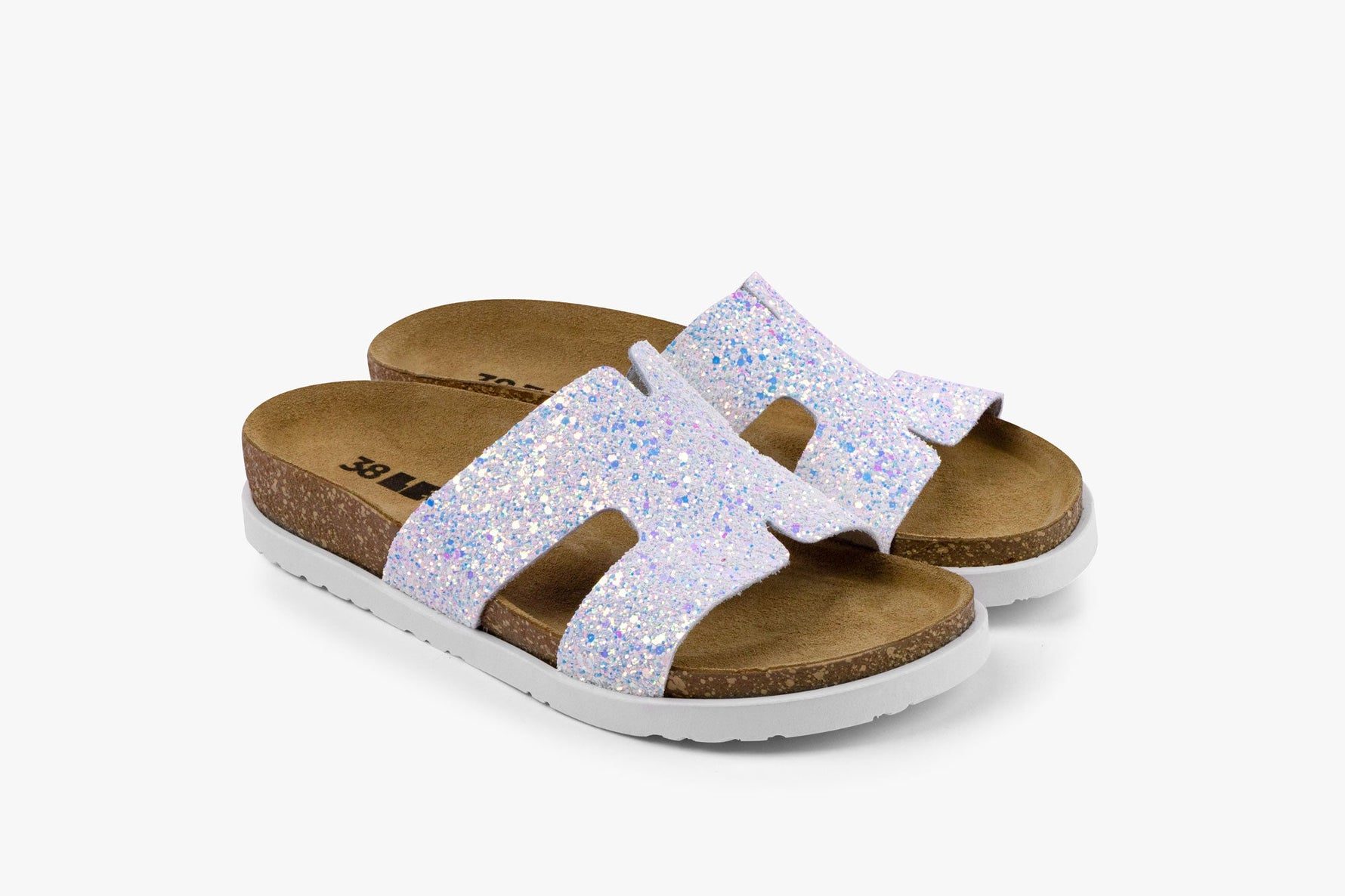 Liora II by LEON- Women’s Leather Sandal- Shimmering Slide Sandals with Glitter Effect