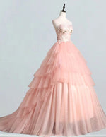 Women's Pink Strapless Tulle Ball Gown | Lace Applique Fairy Prom Dress