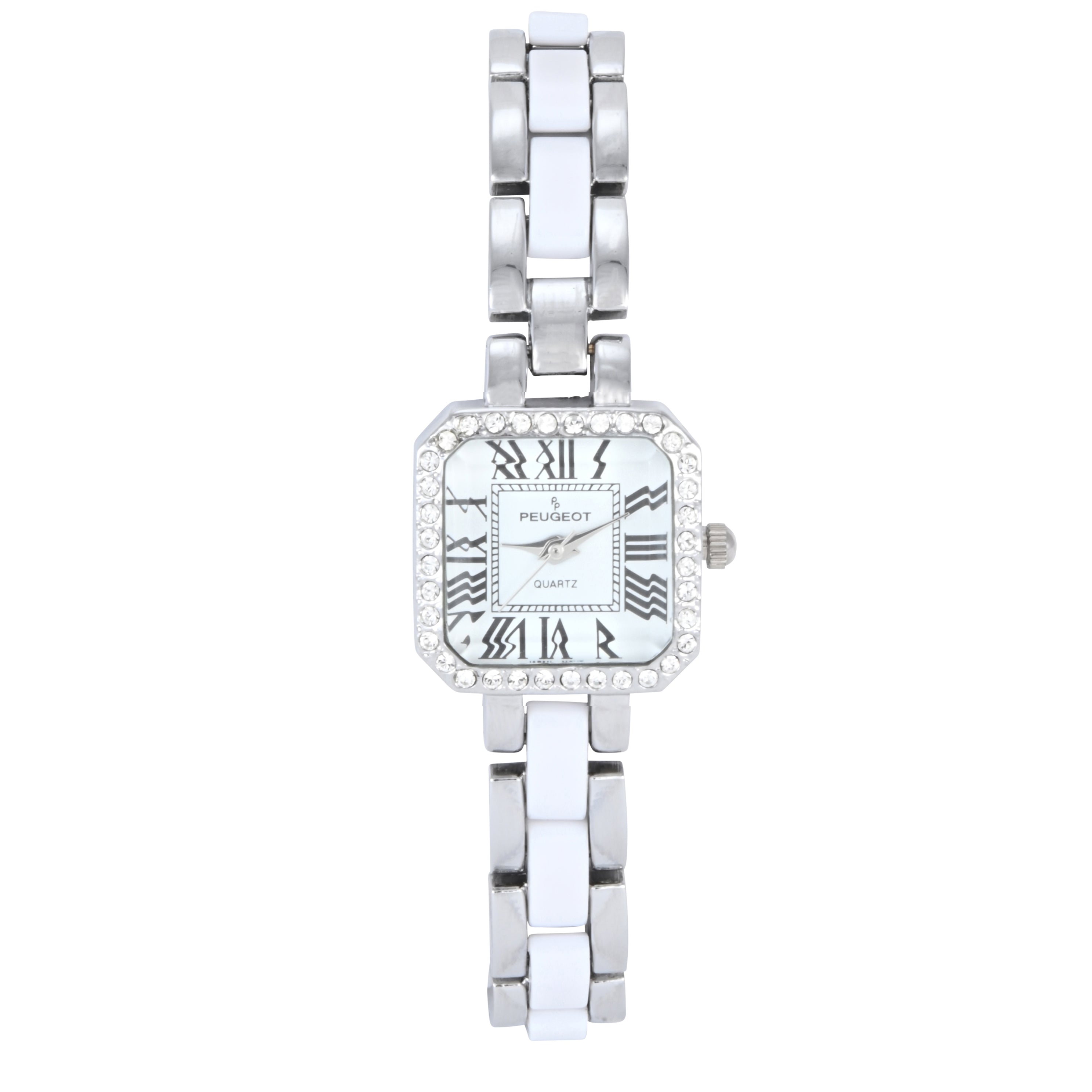 Womens Crystal Accented Square Silver-Tone Acrylic Link Watch Peugeot Watches
