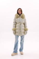 Genuine Fox Fur Down Coat with Fur Trim Mittens