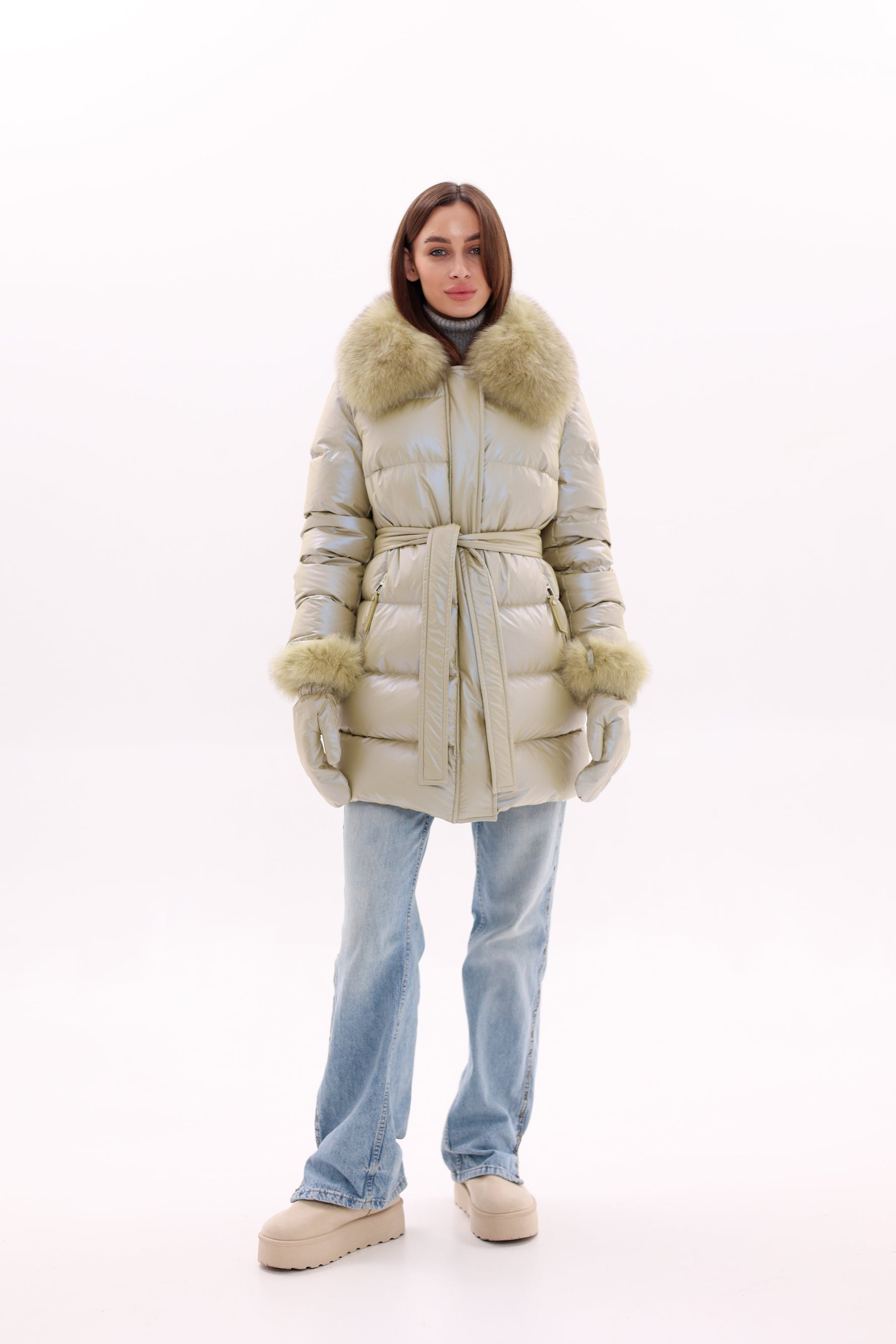 Genuine Fox Fur Down Coat with Fur Trim Mittens