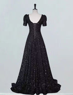 Women's Velvet Sequined V-Neck Prom Dress | Elegant Evening Gown with Sleeves
