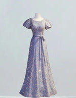 Women's Elegant Grey Sequin Prom Dress | Scoop Neck, Short Sleeve Evening Gown