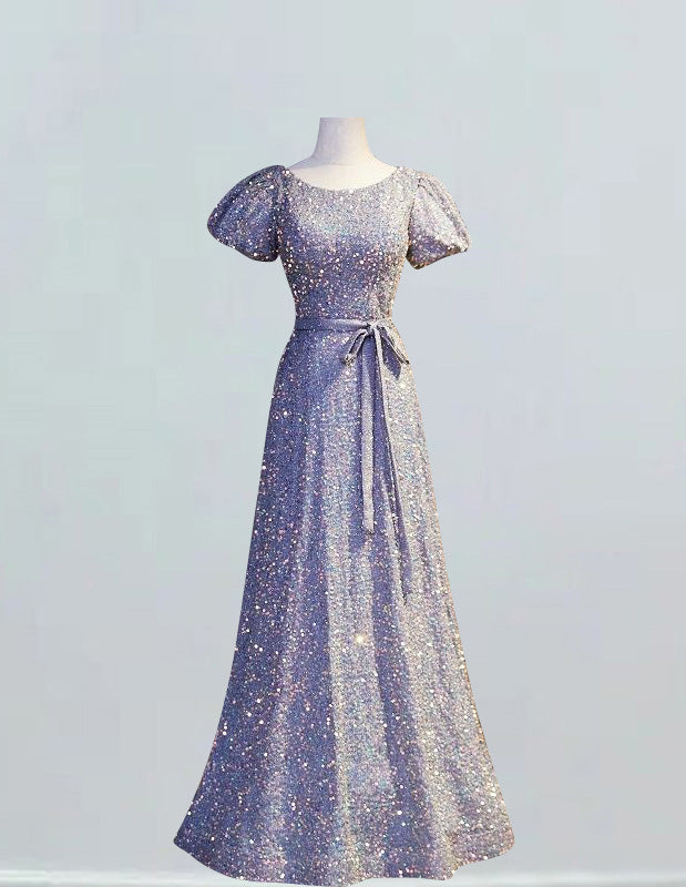 Women's Elegant Grey Sequin Prom Dress | Scoop Neck, Short Sleeve Evening Gown