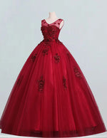 Burgundy Princess Tulle Ball Gown | Lace Applique Prom & Evening Dress