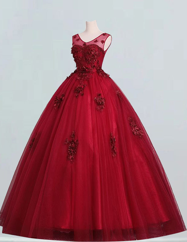 Burgundy Princess Tulle Ball Gown | Lace Applique Prom & Evening Dress