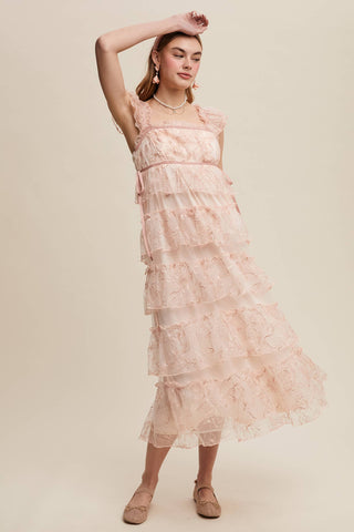 Delicate Floral Embroidered Lace Maxi Dress: Mute Pink