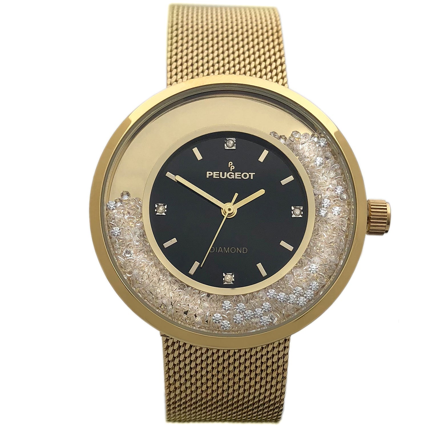 Women's Gold Watch 32mm Floating CZ with Diamond Dial Mesh Peugeot Watches