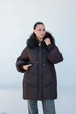 Celeste Genuine Fur Trim Down Fill Coat in Fig