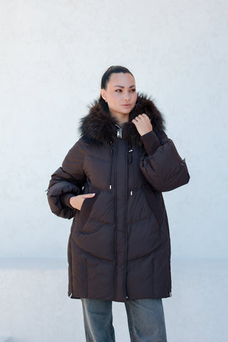 Celeste Genuine Fur Trim Down Fill Coat in Fig