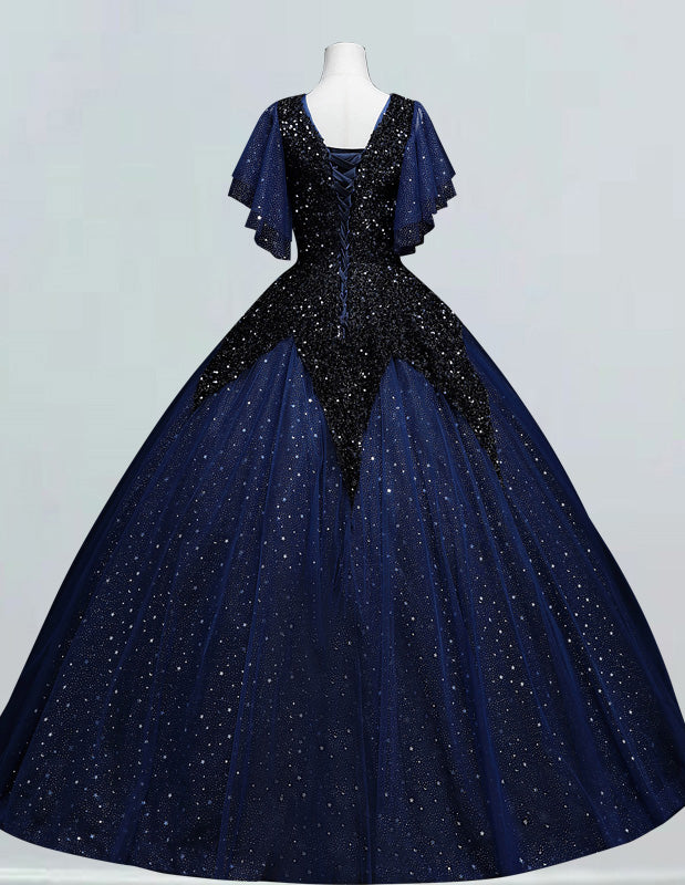 Women's Velvet V-Neck Sparkle Tulle Ball Gown Prom Dress in Dark Navy